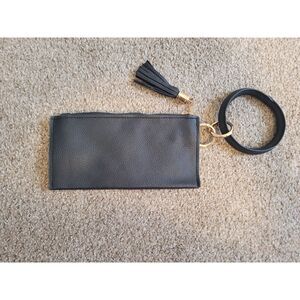 Black Faux Leather Wristlet Wallet Clutch Zip Pouch Tassel Key Ring Bracelet